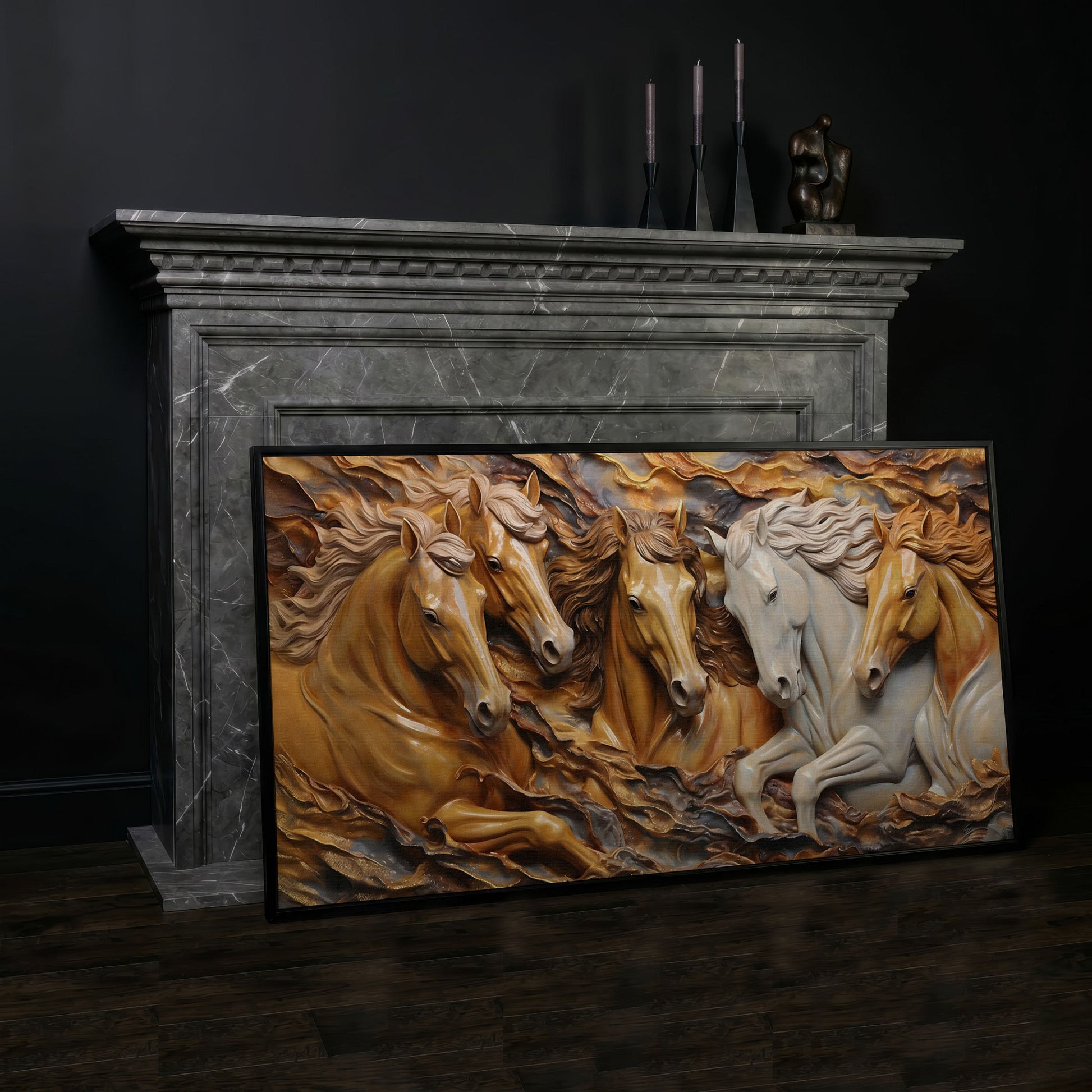 Running Horses 3D Canvas Art in black floating frame