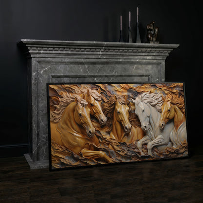 Running Horses 3D Canvas Art in black floating frame