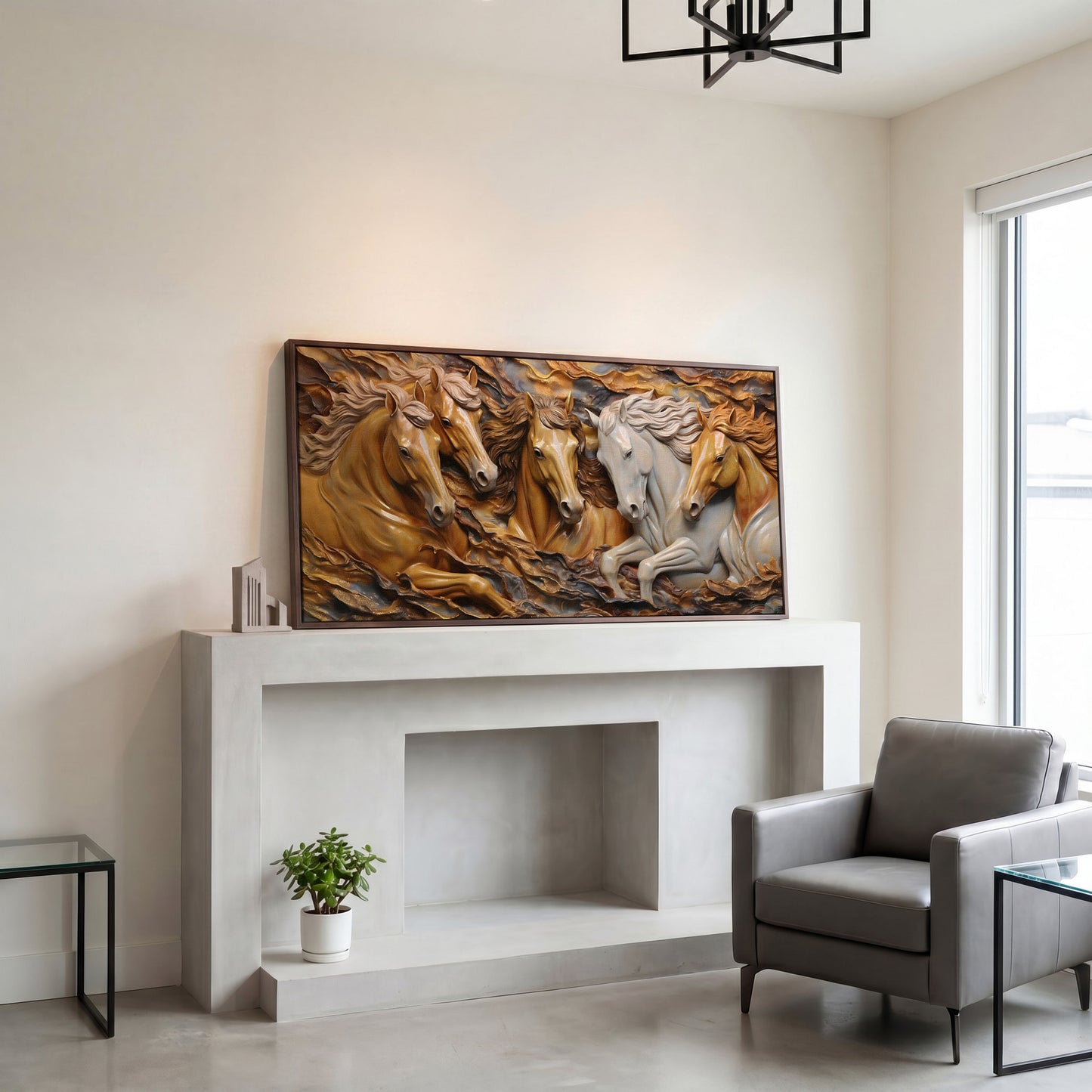 Running Horses 3D Canvas Art in dark walnut floating frame