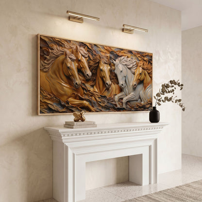 Running Horses 3D Canvas Art in white oak floating frame
