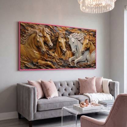 Running Horses 3D Canvas Art in pink floating frame