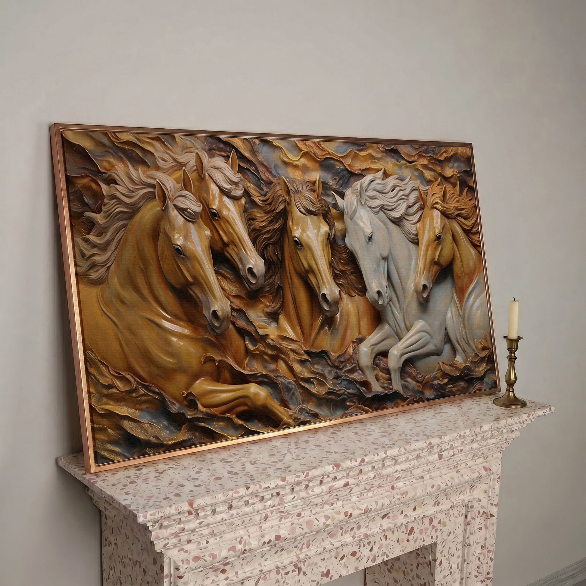 Running Horses 3D Canvas Art in rose gold floating frame