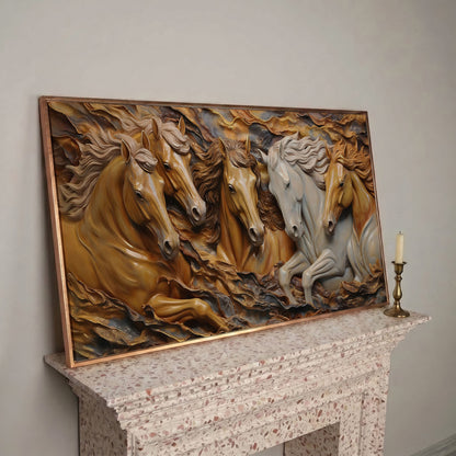 Running Horses 3D Canvas Art in rose gold floating frame