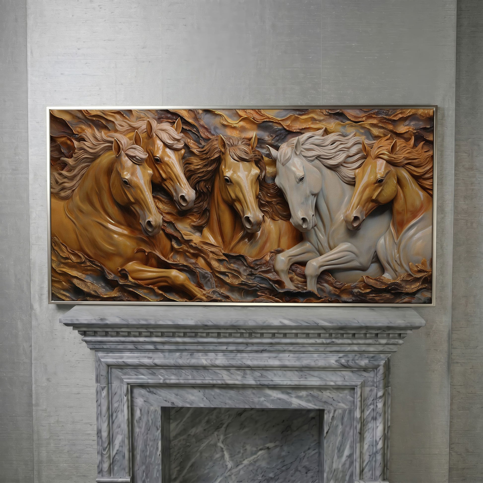 Running Horses 3D Canvas Art in silver floating frame
