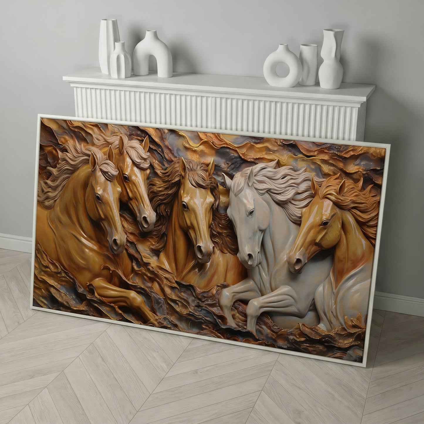 Running Horses 3D Canvas Art in white floating frame
