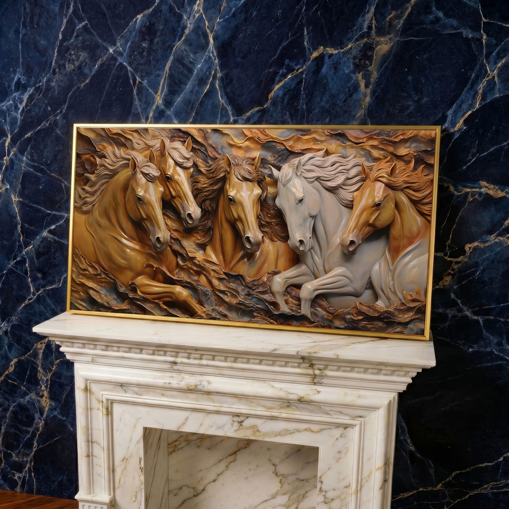 Running Horses 3D Canvas Art in yellow gold floating frame