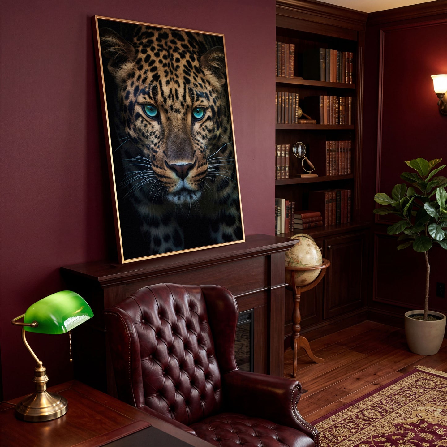 Blue-Eyed Leopard Canvas Print in antique gold floating frame