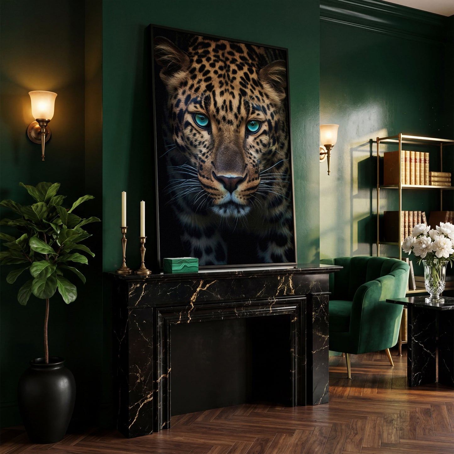 Blue-Eyed Leopard Canvas Print in black floating frame
