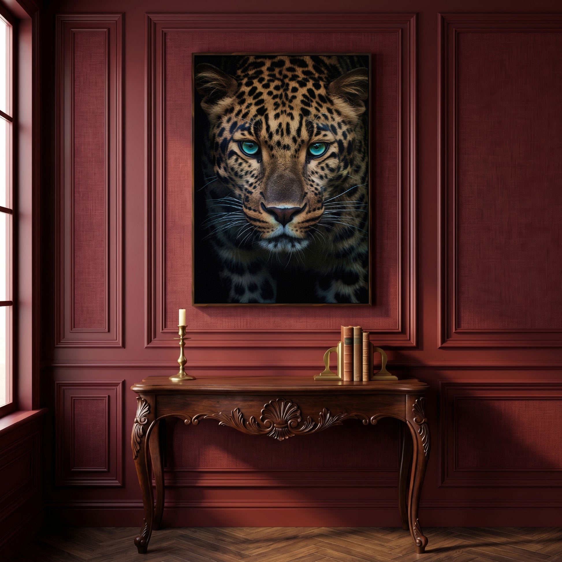 Blue-Eyed Leopard Canvas Print in dark walnut floating frame