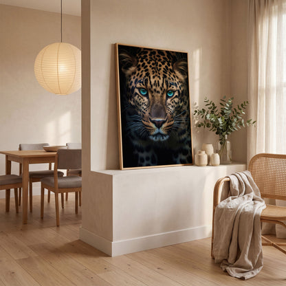 Blue-Eyed Leopard Canvas Print in white oak floating frame