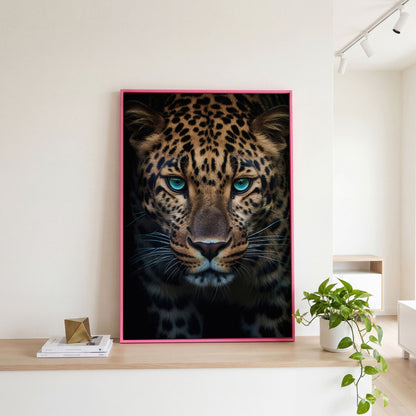 Blue-Eyed Leopard Canvas Print in pink floating frame