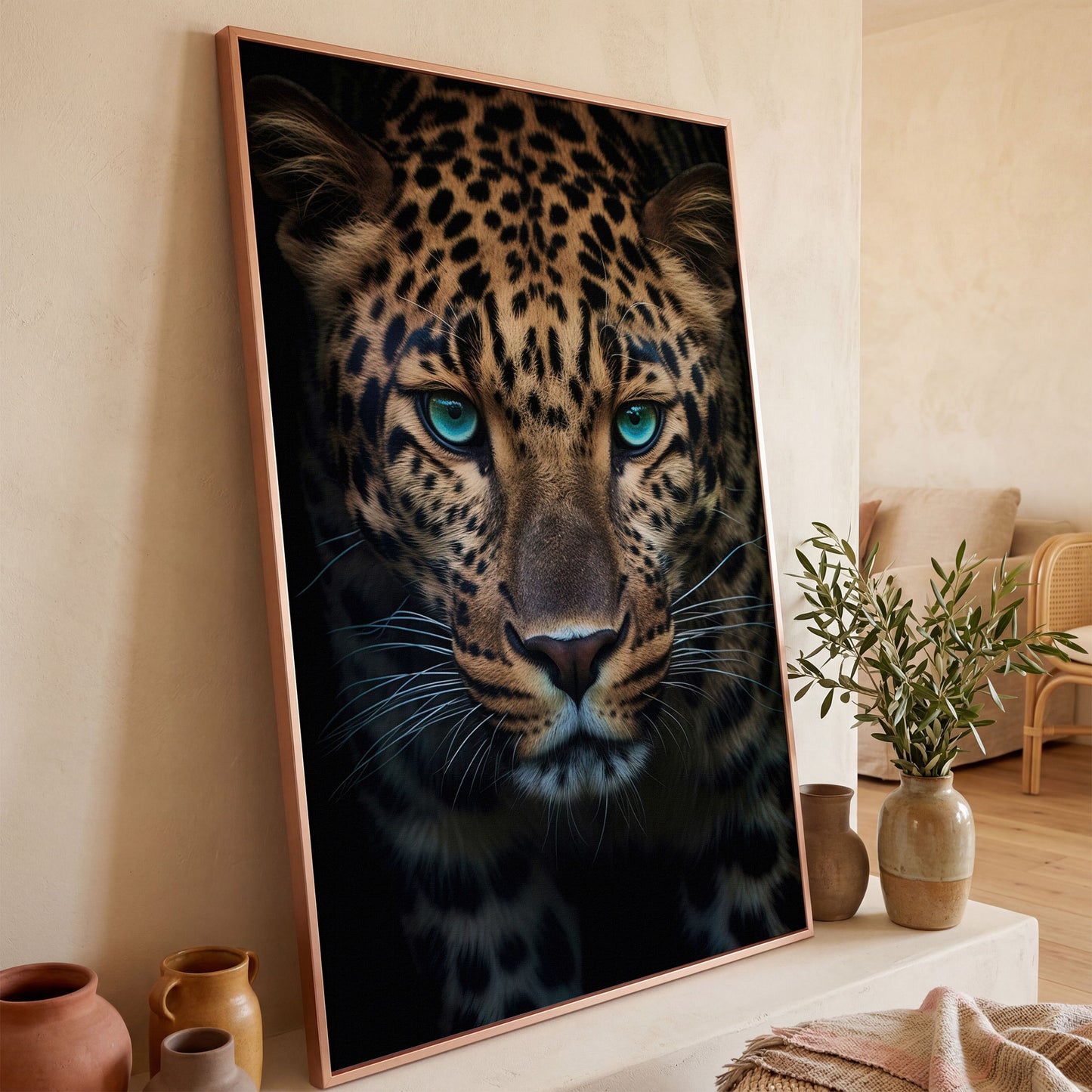 Blue-Eyed Leopard Canvas Print in rose gold floating frame