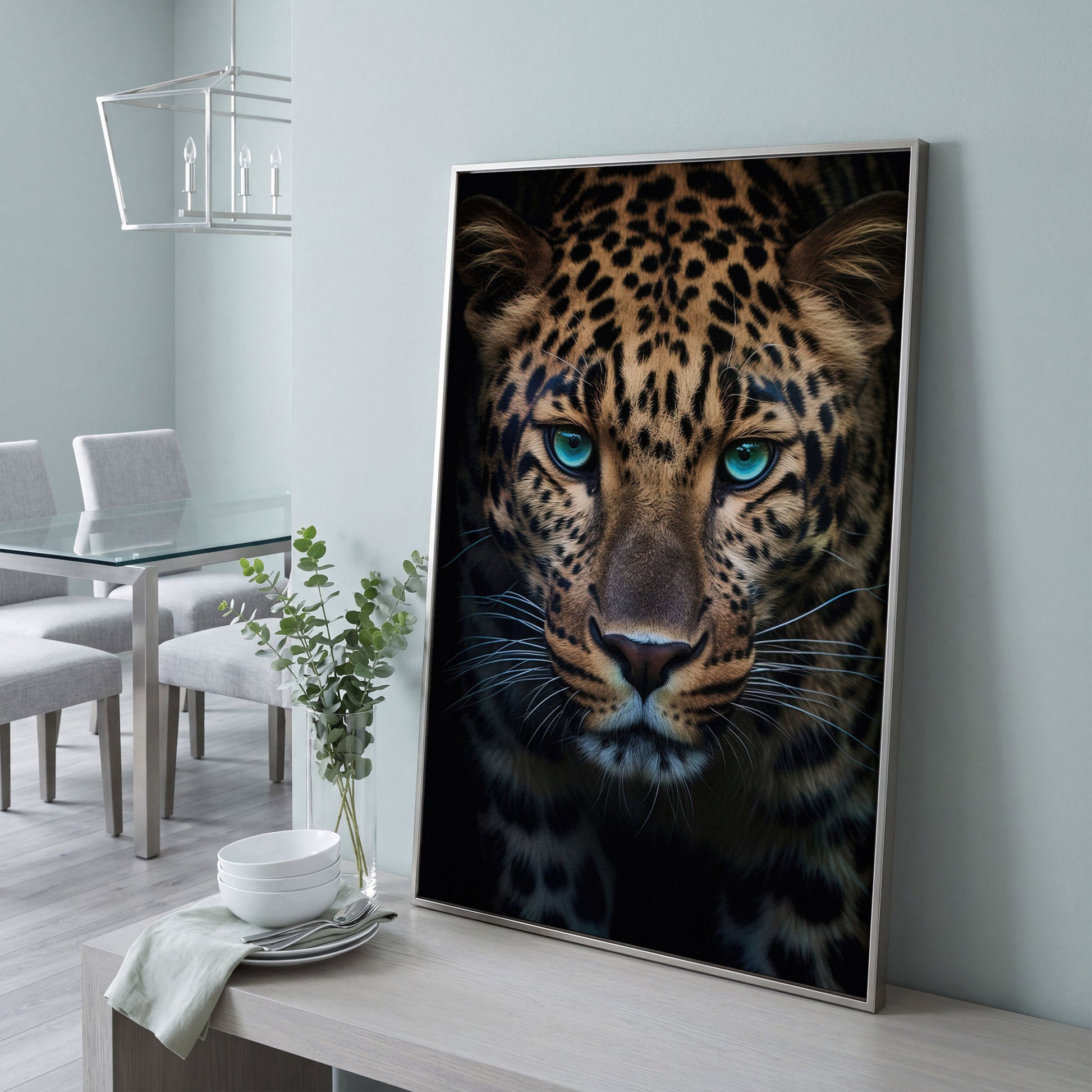 Blue-Eyed Leopard Canvas Print in silver floating frame