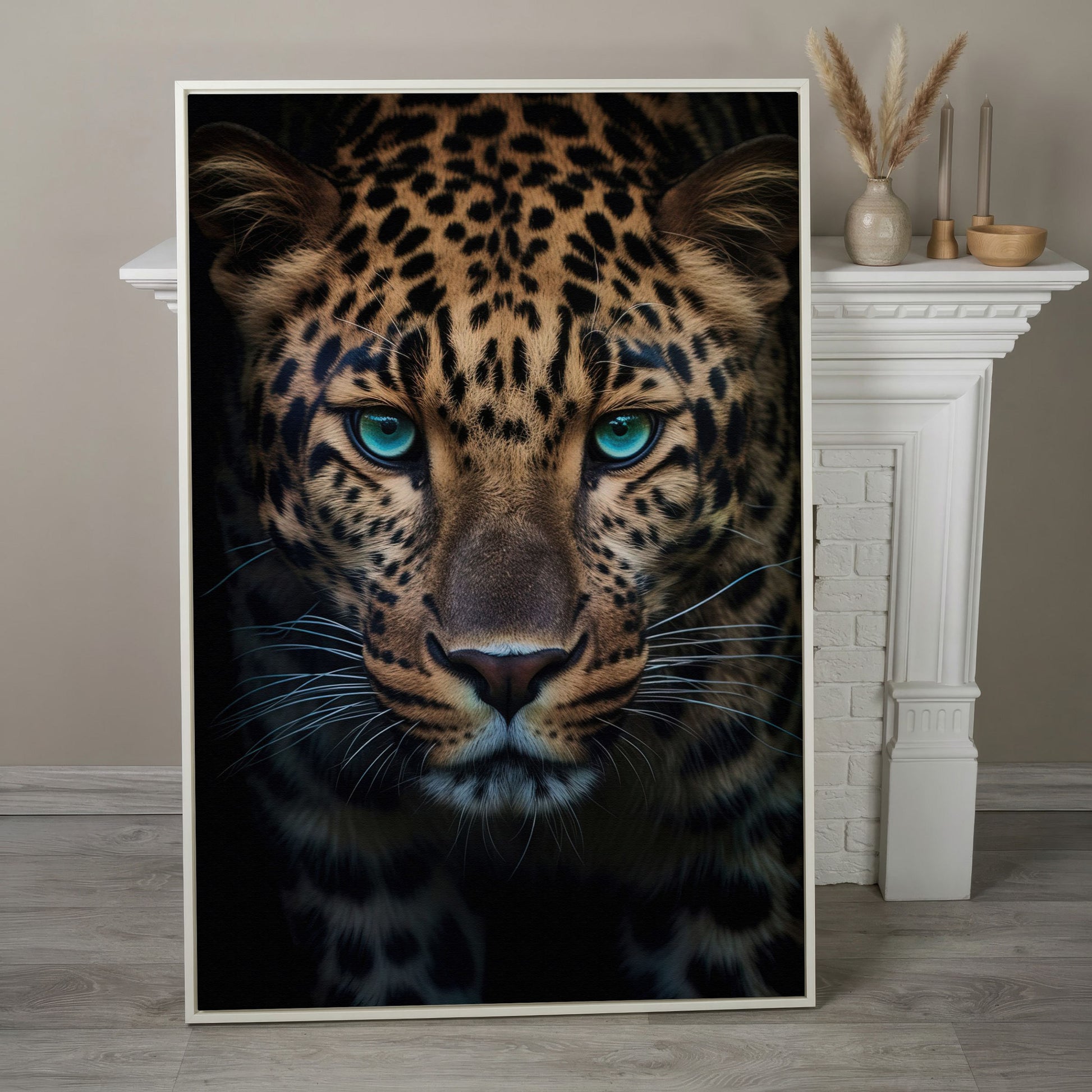 Blue-Eyed Leopard Canvas Print in white floating frame