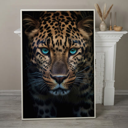 Blue-Eyed Leopard Canvas Print in white floating frame