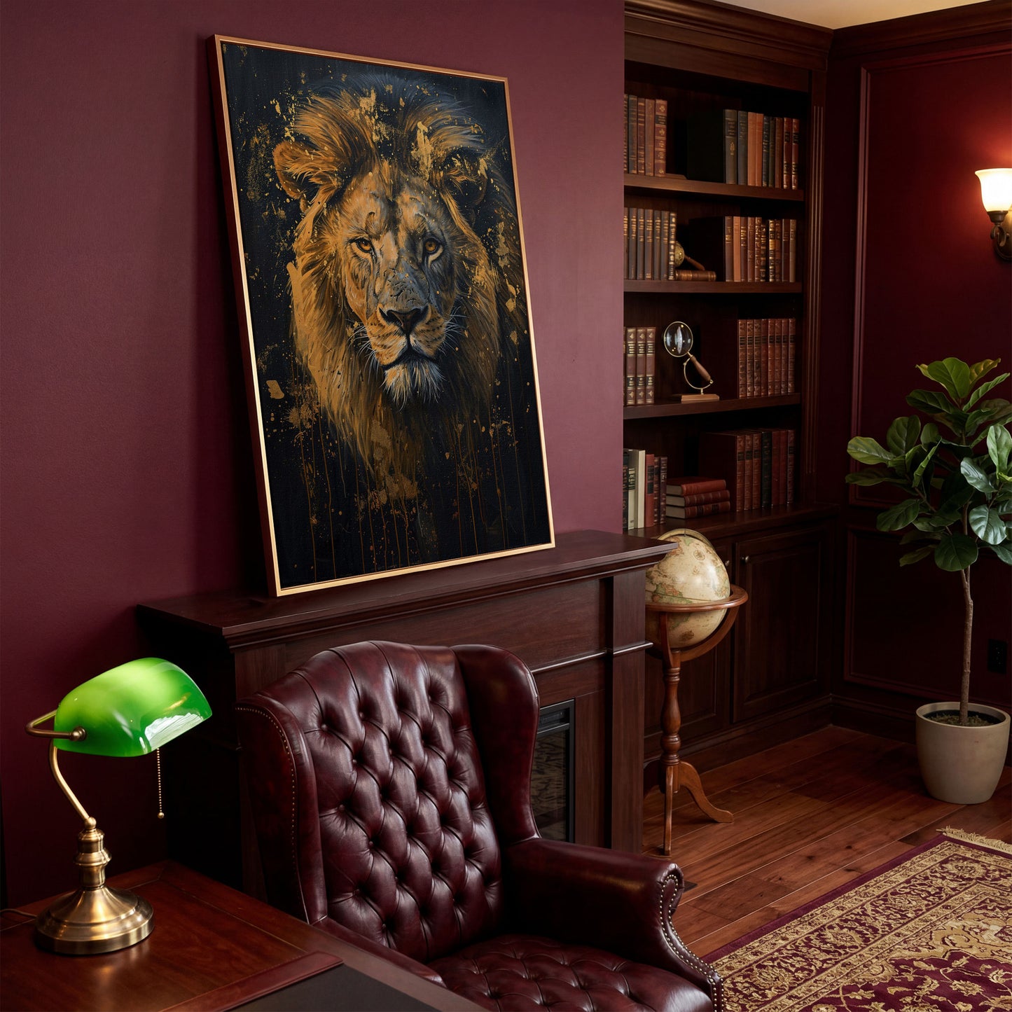 Gold Lion Portrait Canvas in antique gold floating frame
