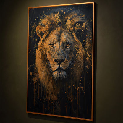 Gold Lion Portrait Canvas shown in antique gold floating frame
