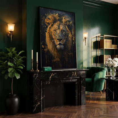 Gold Lion Portrait Canvas in black floating frame