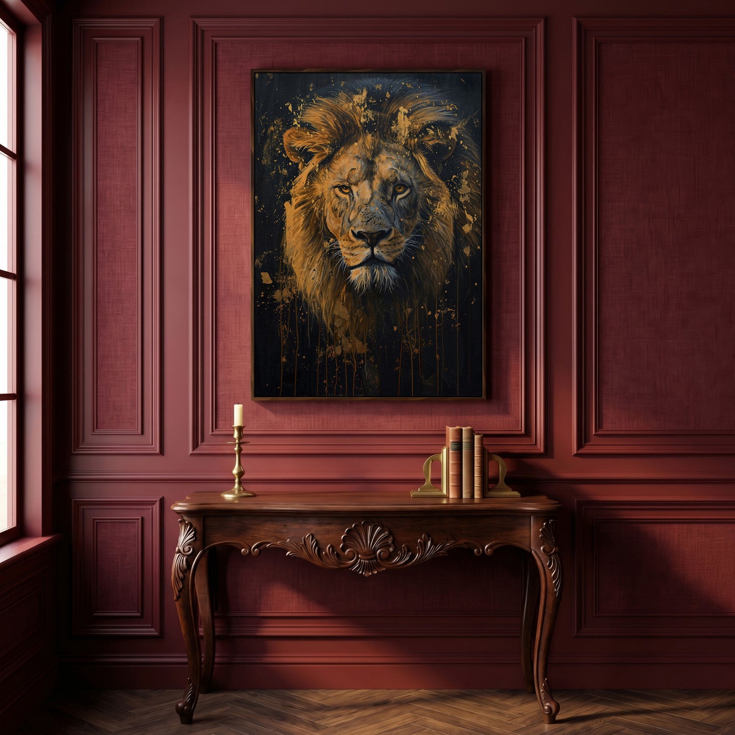 Gold Lion Portrait Canvas in dark walnut floating frame