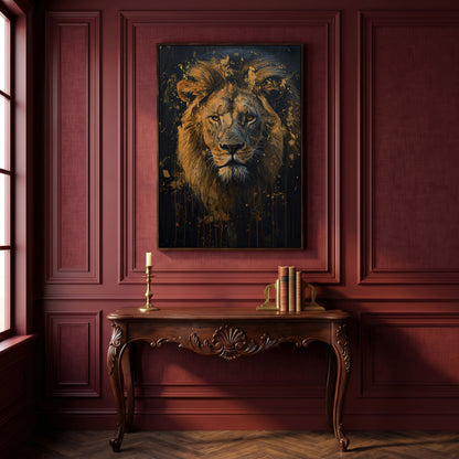Gold Lion Portrait Canvas in dark walnut floating frame