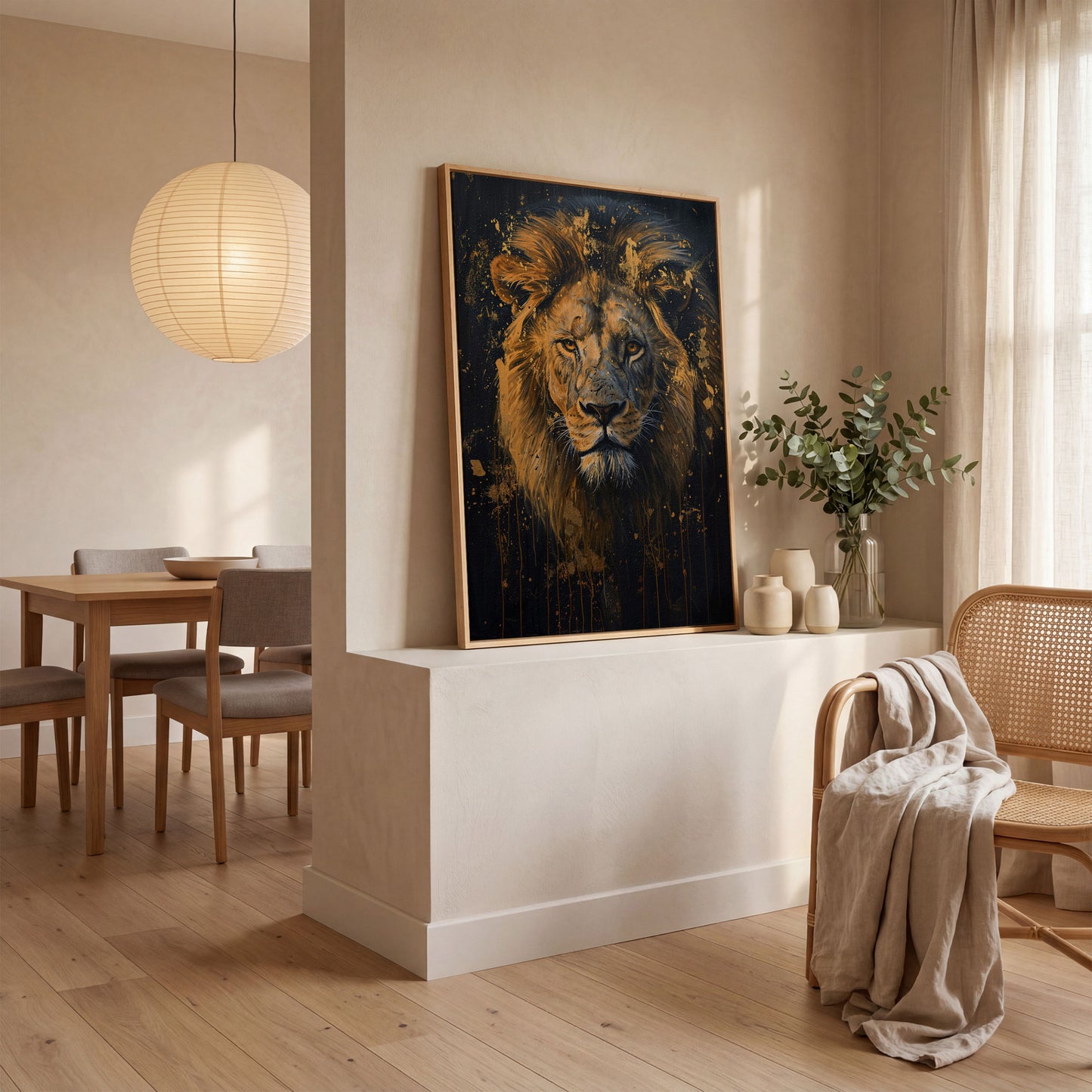 Gold Lion Portrait Canvas in white oak floating frame