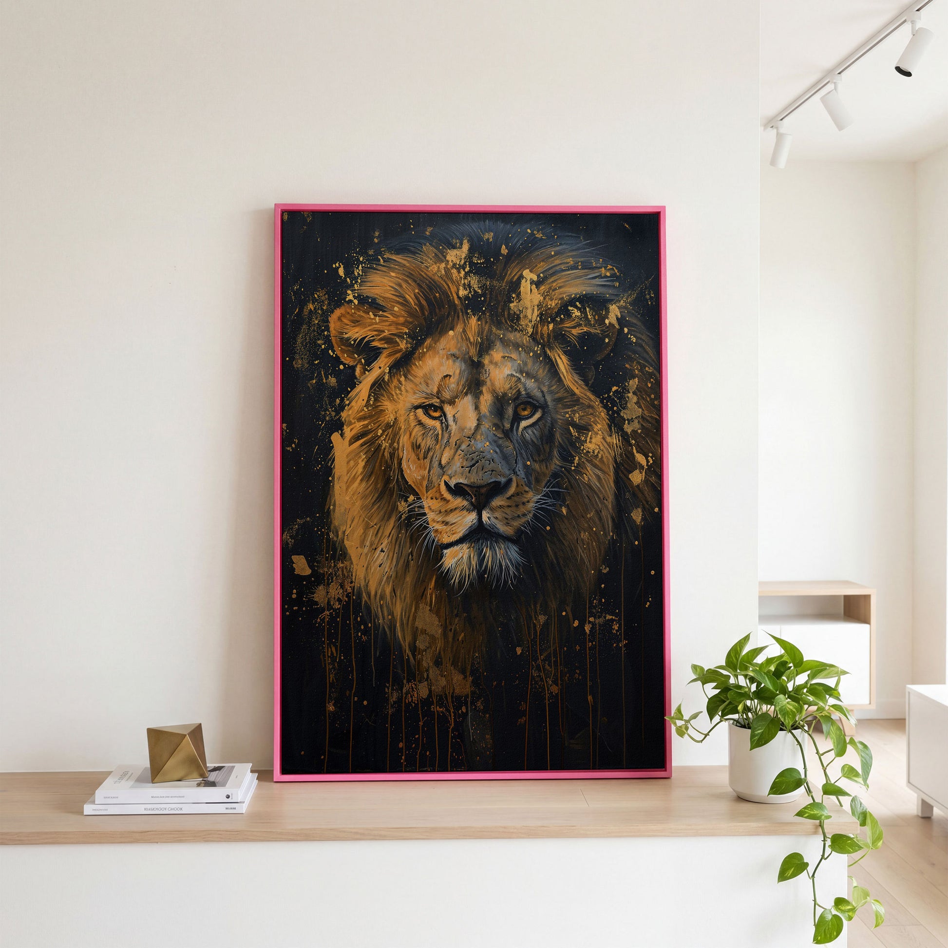 Gold Lion Portrait Canvas in pink floating frame