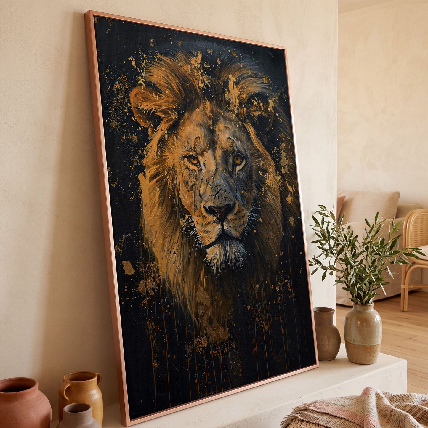 Gold Lion Portrait Canvas in rose gold floating frame