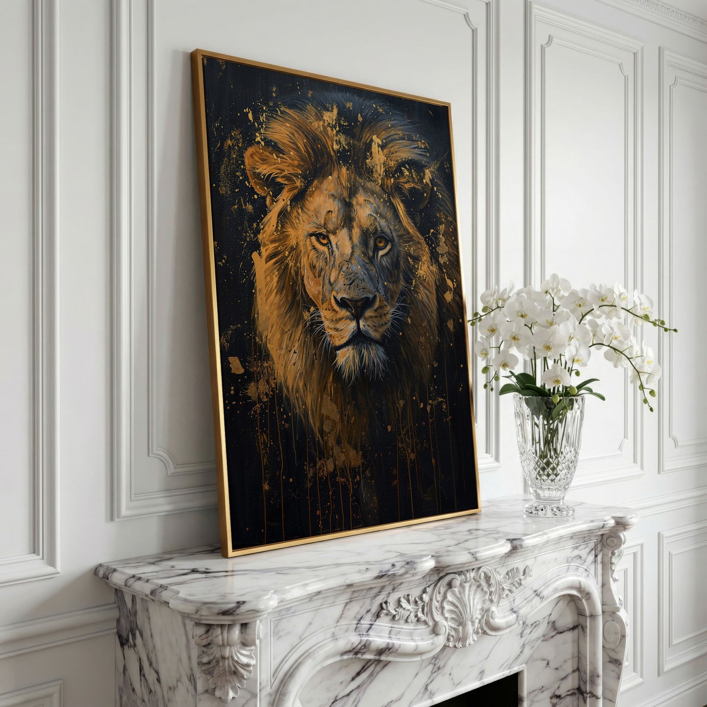 Gold Lion Portrait Canvas in yellow gold floating frame