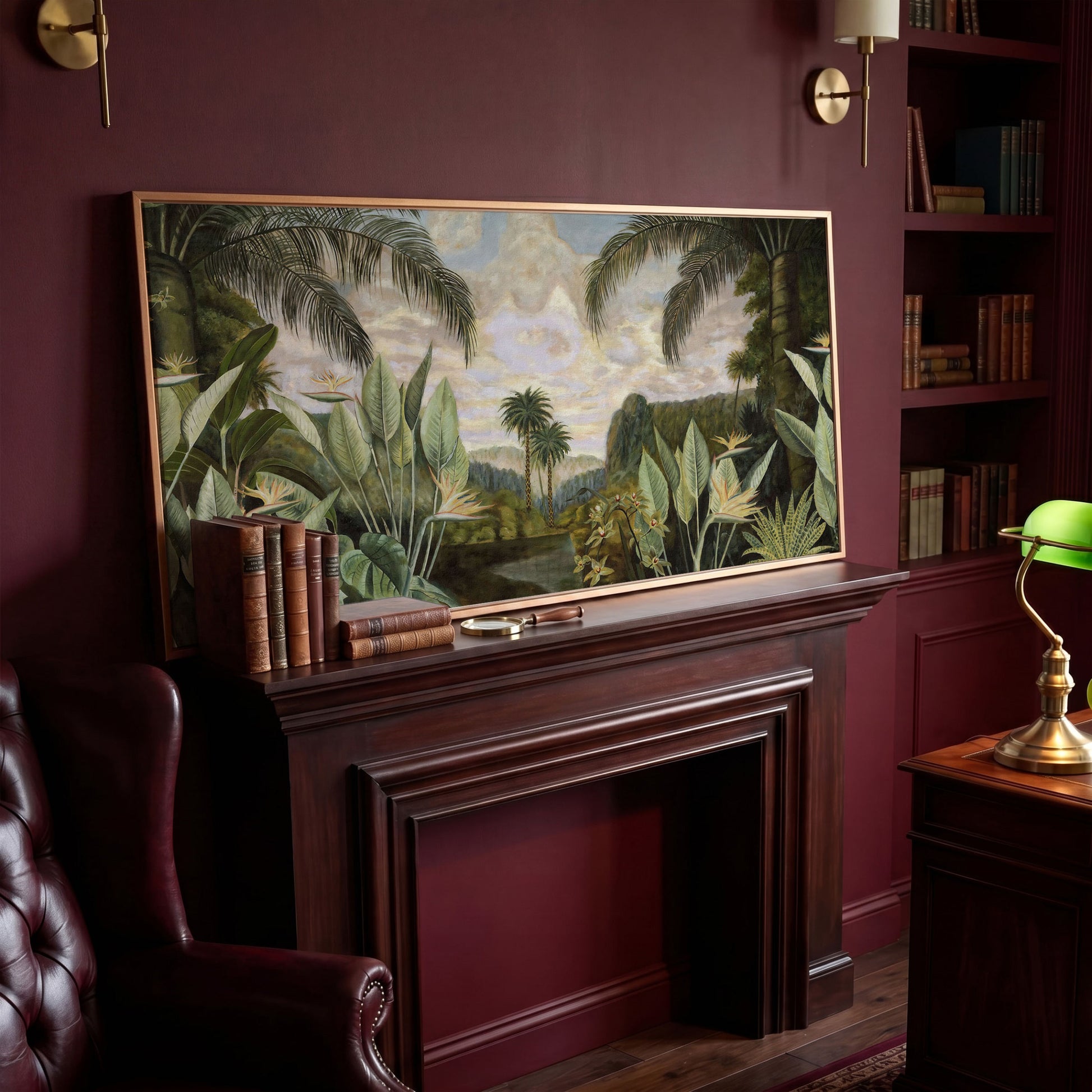 Tropical Jungle with Banana Leaves Canvas in antique gold floating frame