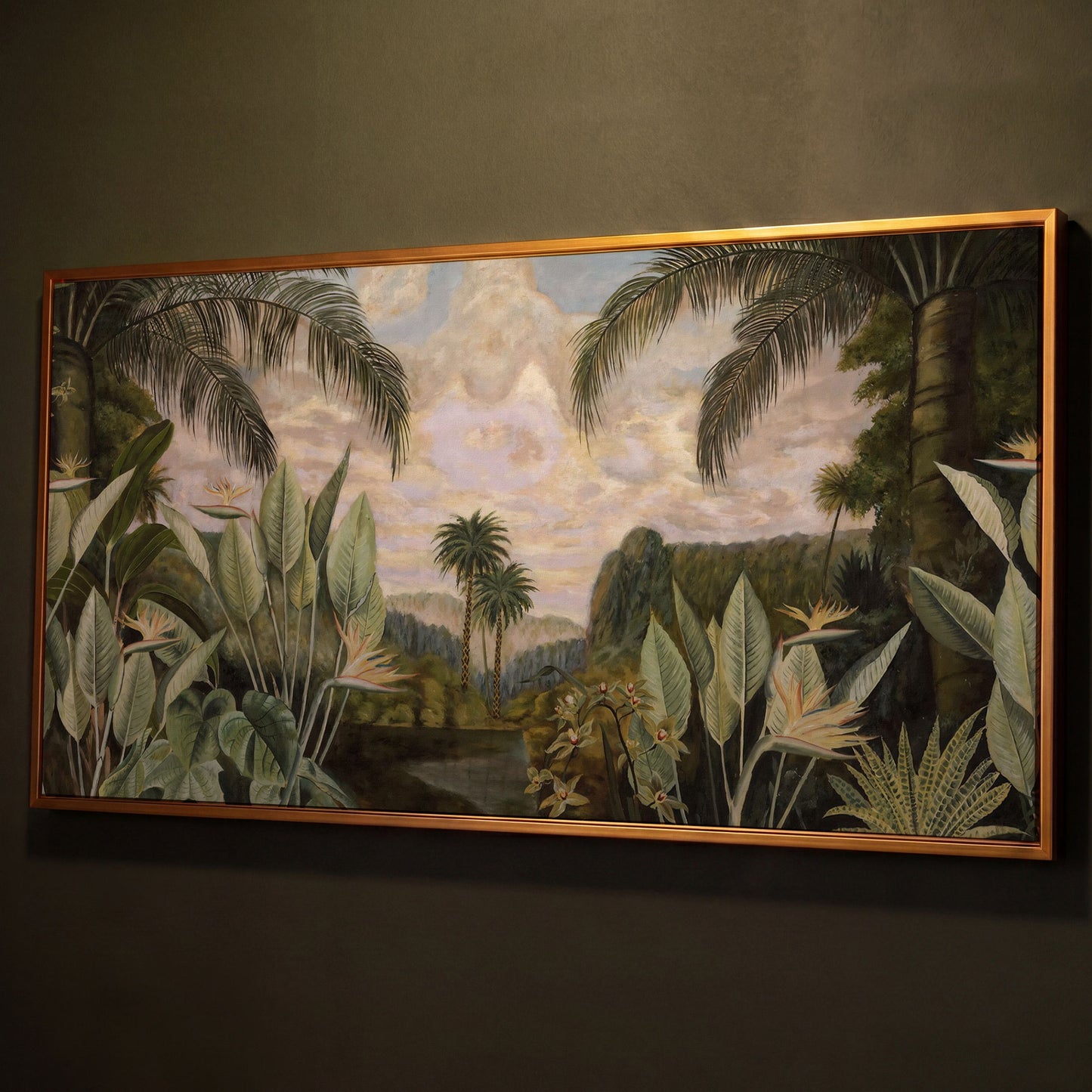 Tropical Jungle with Banana Leaves Canvas shown in antique gold floating frame