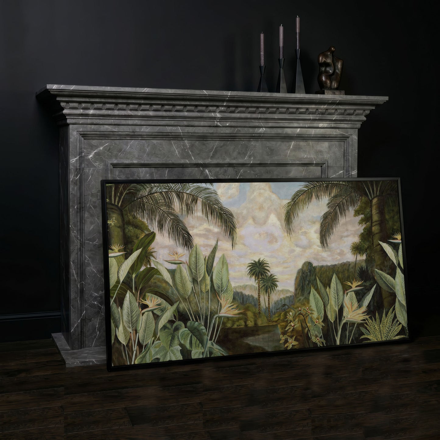 Tropical Jungle with Banana Leaves Canvas in black floating frame