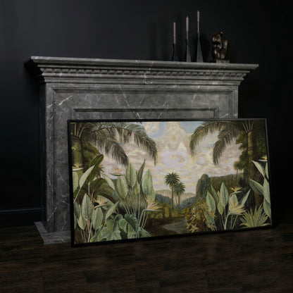 Tropical Jungle with Banana Leaves Canvas in black floating frame