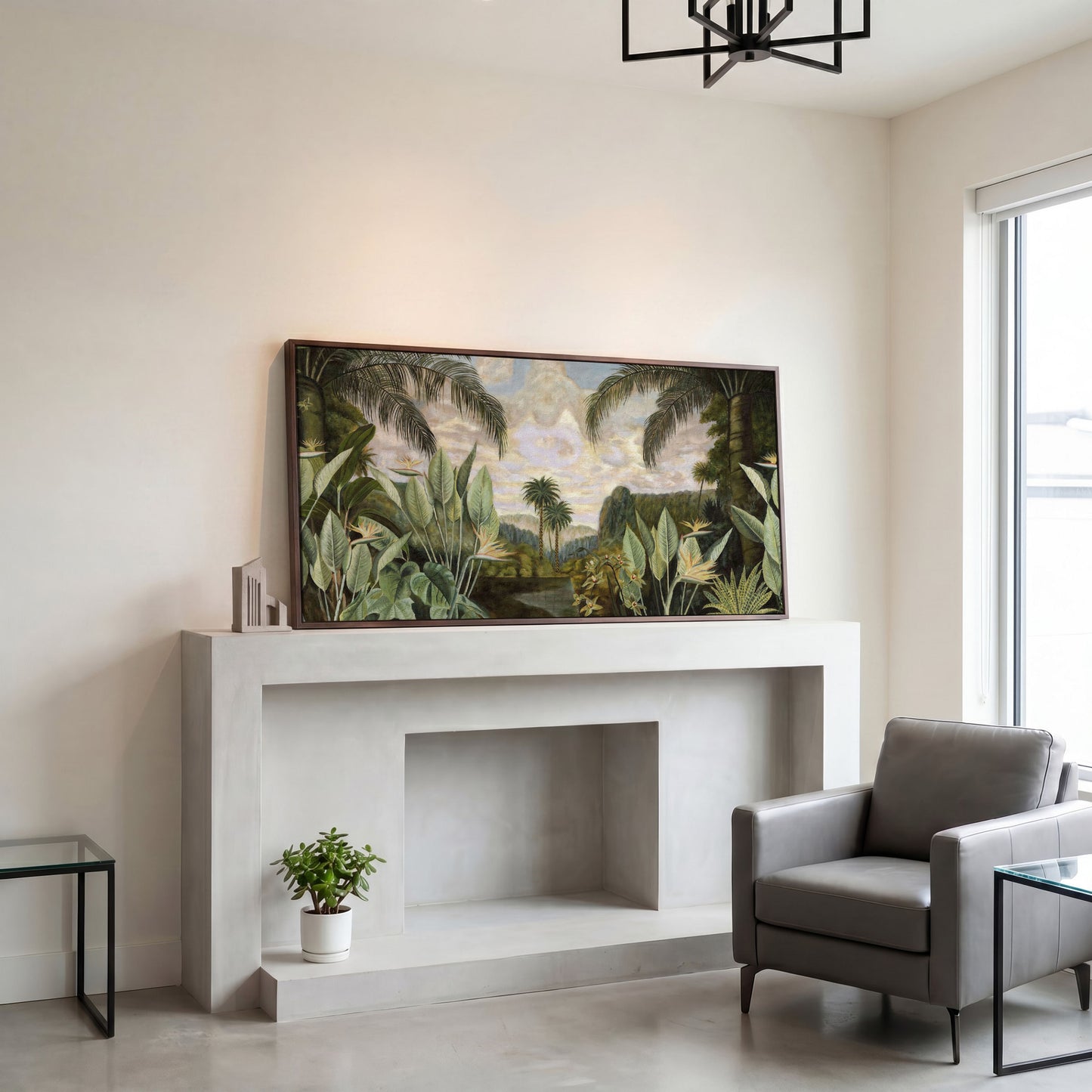 Tropical Jungle with Banana Leaves Canvas in dark walnut floating frame