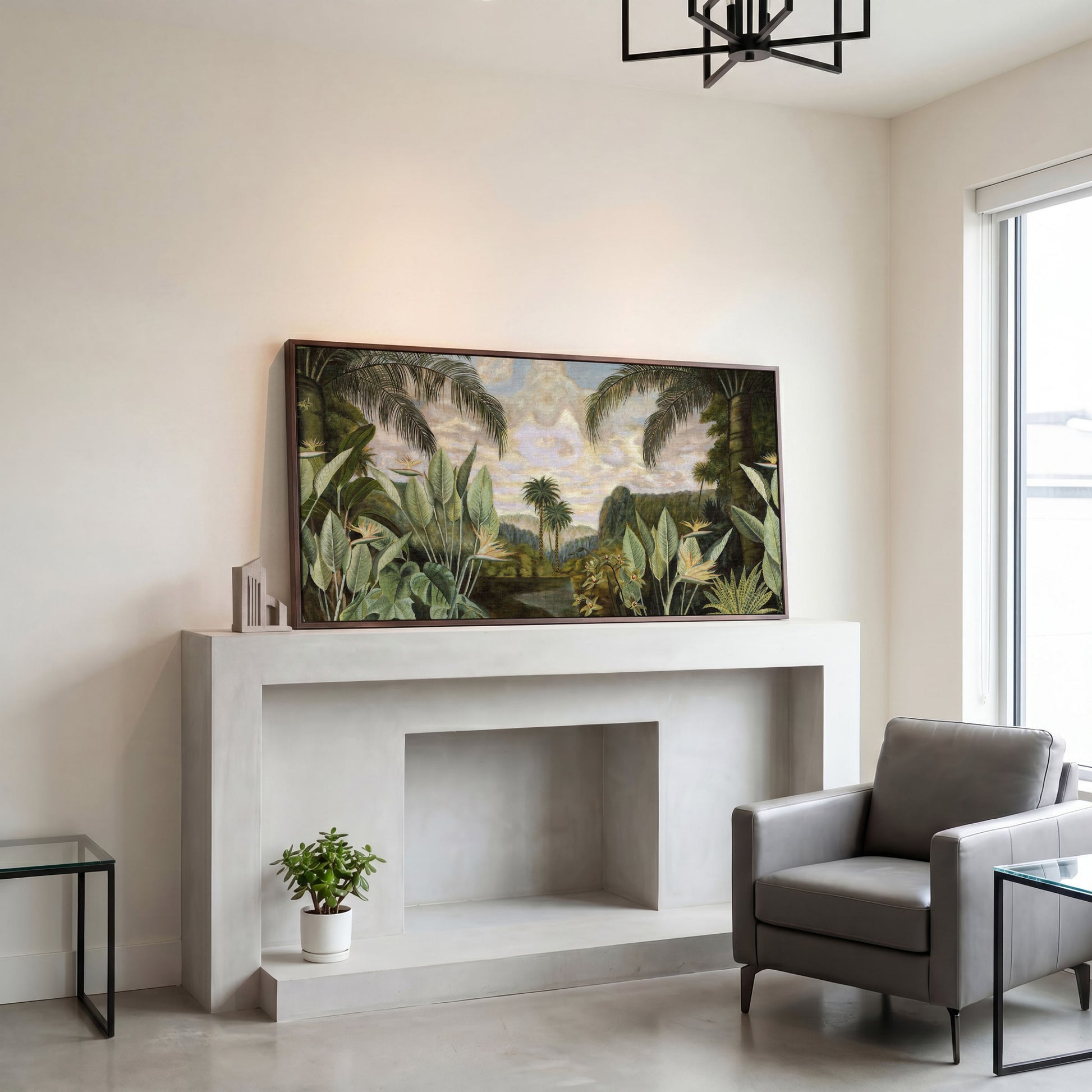 Tropical Jungle with Banana Leaves Canvas in dark walnut floating frame