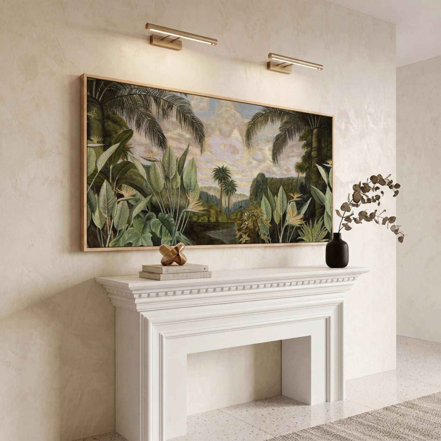 Tropical Jungle with Banana Leaves Canvas in white oak floating frame