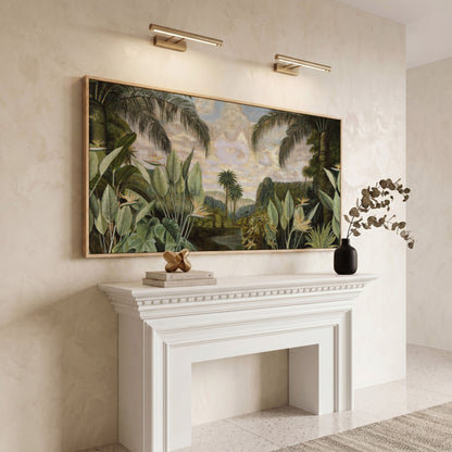 Tropical Jungle with Banana Leaves Canvas in white oak floating frame