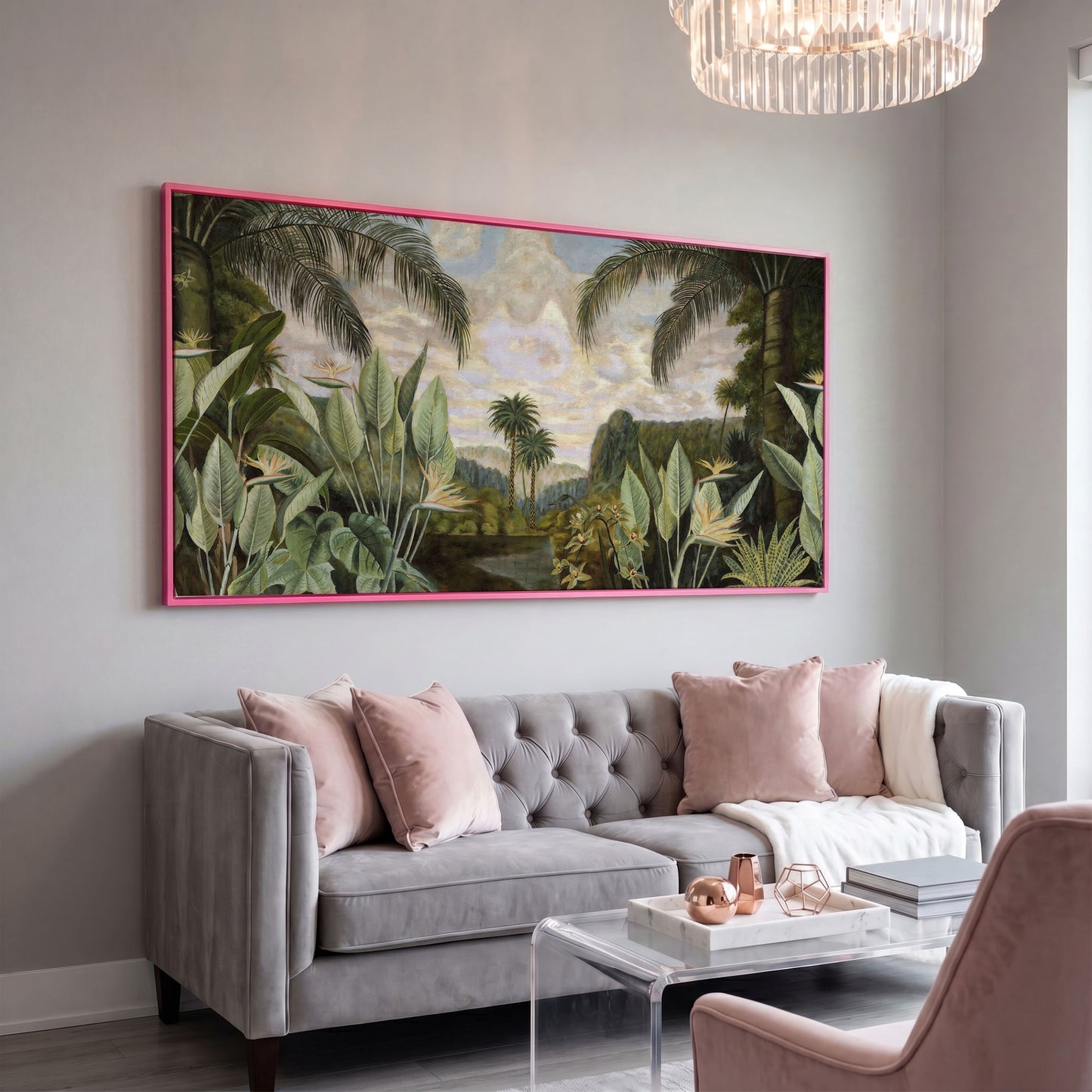 Tropical Jungle with Banana Leaves Canvas in pink floating frame