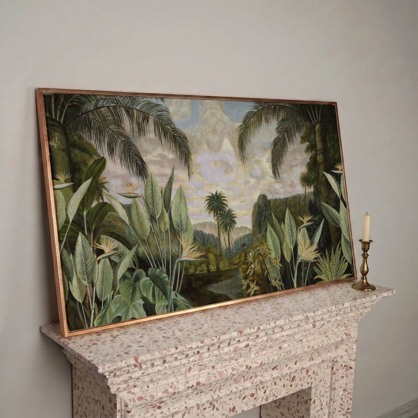 Tropical Jungle with Banana Leaves Canvas in rose gold floating frame