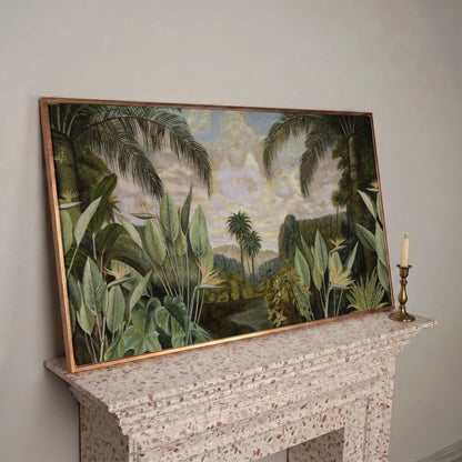 Tropical Jungle with Banana Leaves Canvas in rose gold floating frame