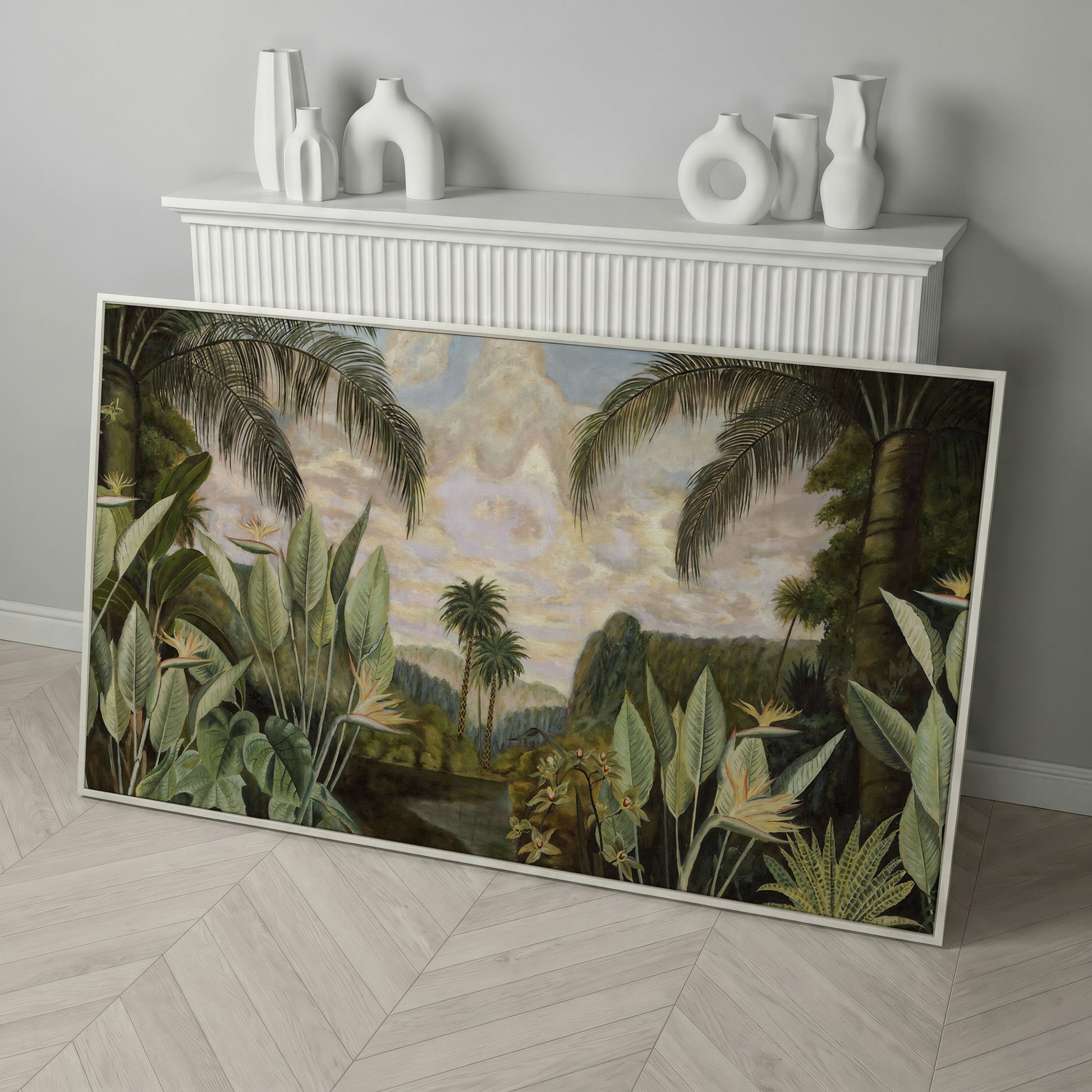 Tropical Jungle with Banana Leaves Canvas in white floating frame