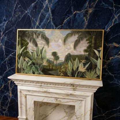 Tropical Jungle with Banana Leaves Canvas in yellow gold floating frame