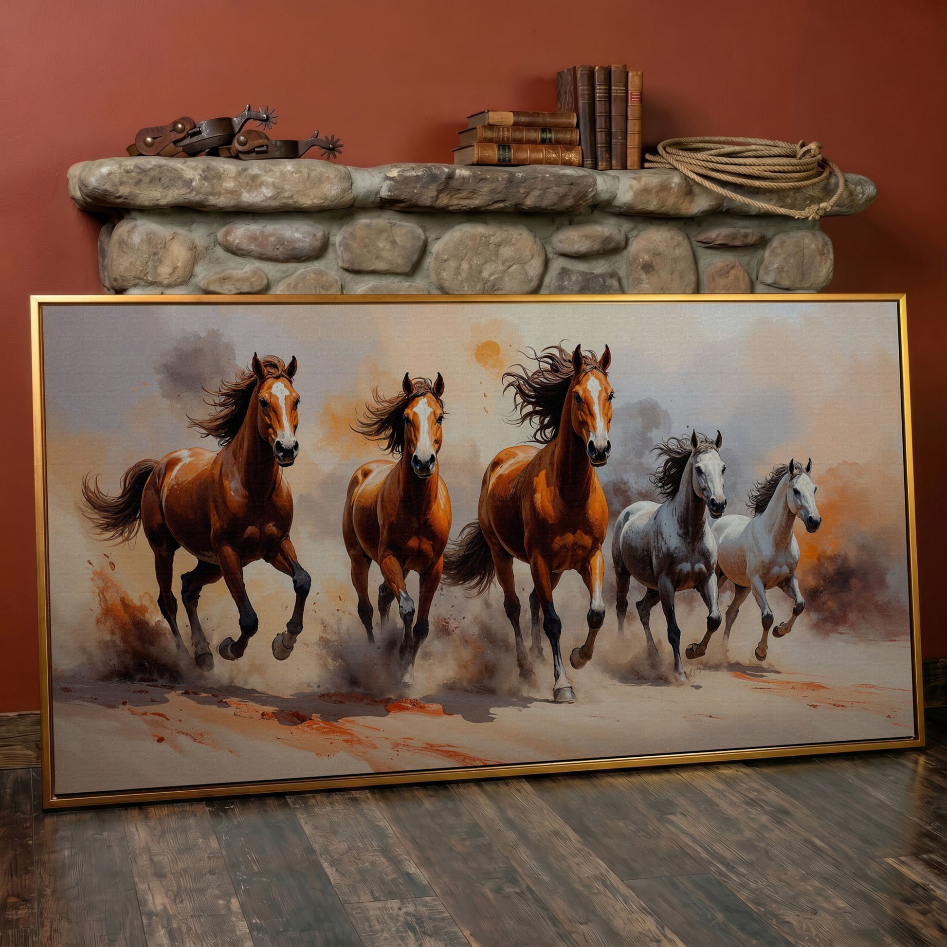 Running Horses Abstract Canvas in antique gold floating frame