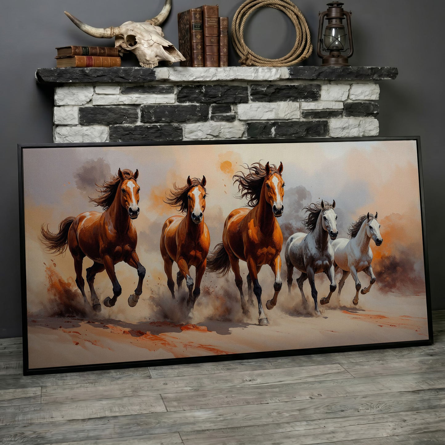 Running Horses Abstract Canvas in black floating frame
