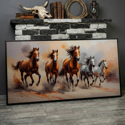 Running Horses Abstract Canvas in black floating frame