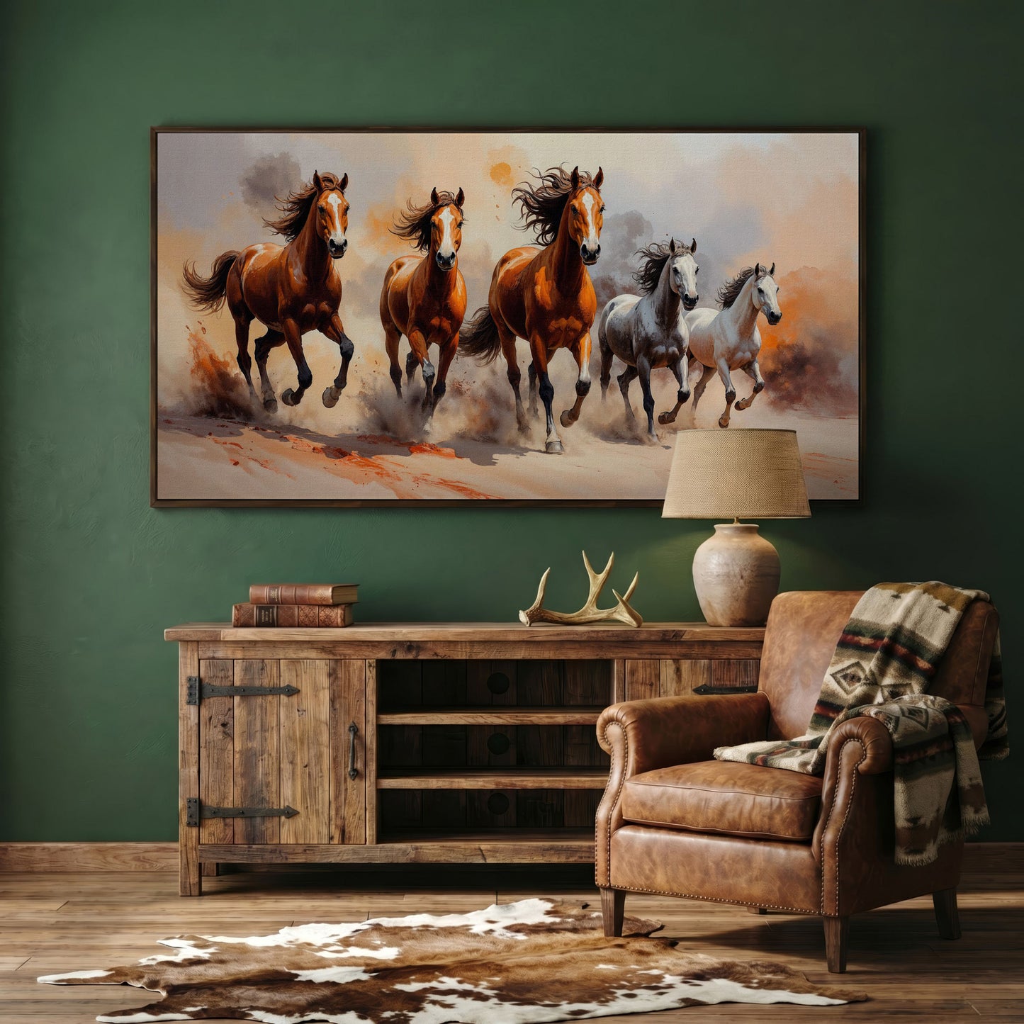 Running Horses Abstract Canvas in dark walnut floating frame