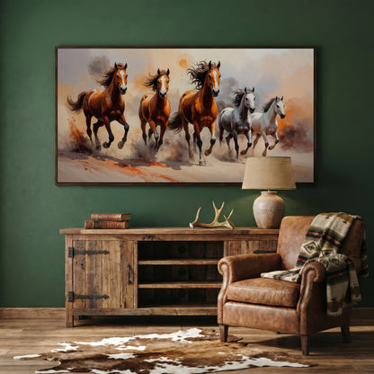 Running Horses Abstract Canvas in dark walnut floating frame