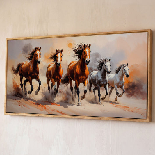 Running Horses Abstract Canvas shown in white oak floating frame