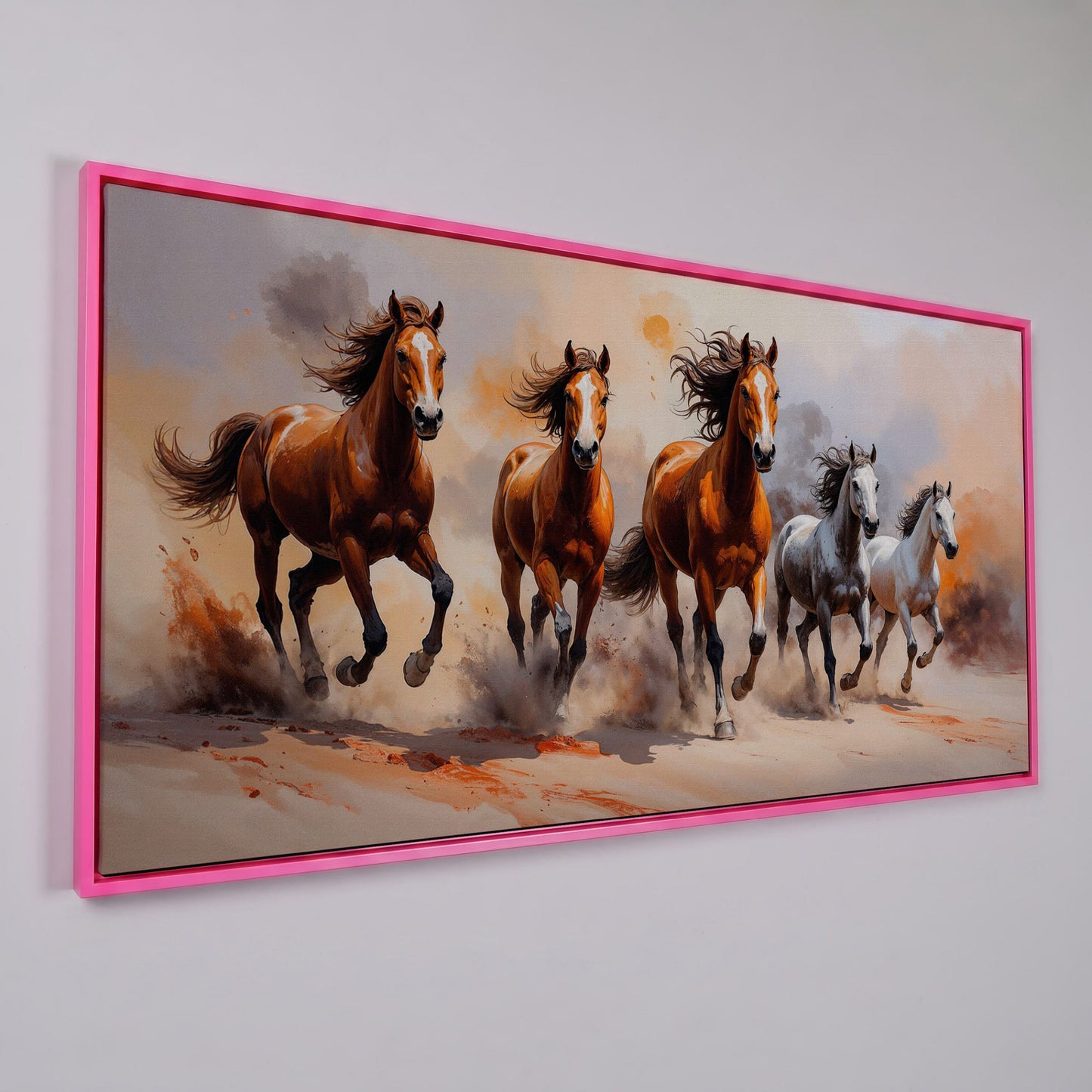 Running Horses Abstract Canvas in pink floating frame