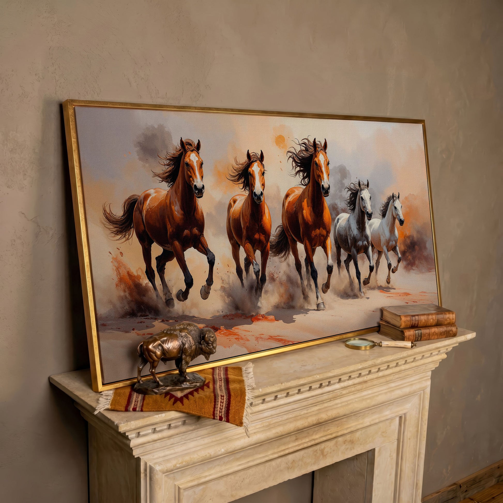 Running Horses Abstract Canvas in rose gold floating frame