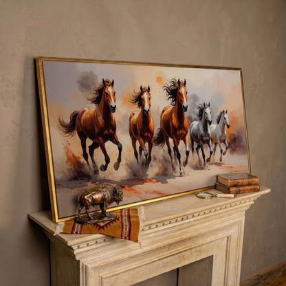 Running Horses Abstract Canvas in rose gold floating frame